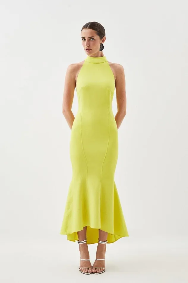 Dresses Women Karen Millen Clean Tailored Waterfall Hem High Neck Midi Dress Yellow Dresses Women Karen Millen Clean Tailored Waterfall Hem High Neck Midi Dress Yellow