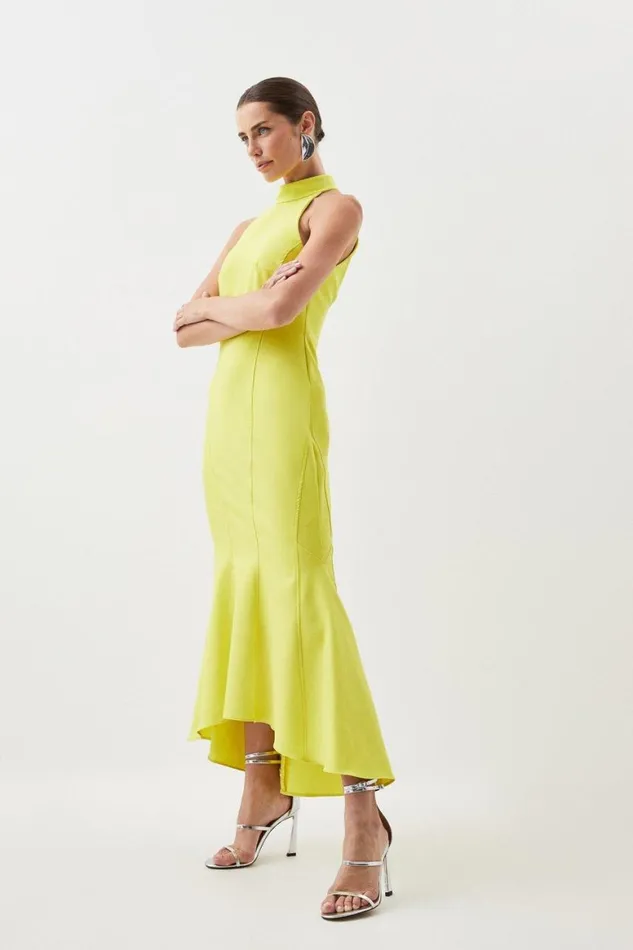 Dresses Women Karen Millen Clean Tailored Waterfall Hem High Neck Midi Dress Yellow