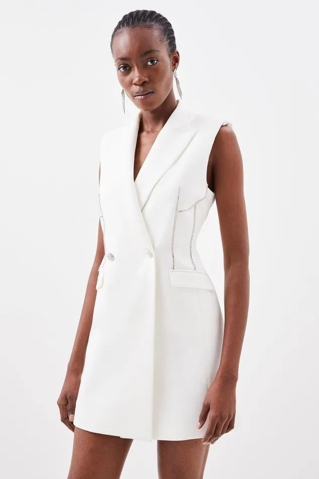 Dresses Women Karen Millen Compact Stretch Diamante Trim Tailored Mini Blazer Dress Ivory Dresses Women Karen Millen Compact Stretch Diamante Trim Tailored Mini Blazer Dress Ivory