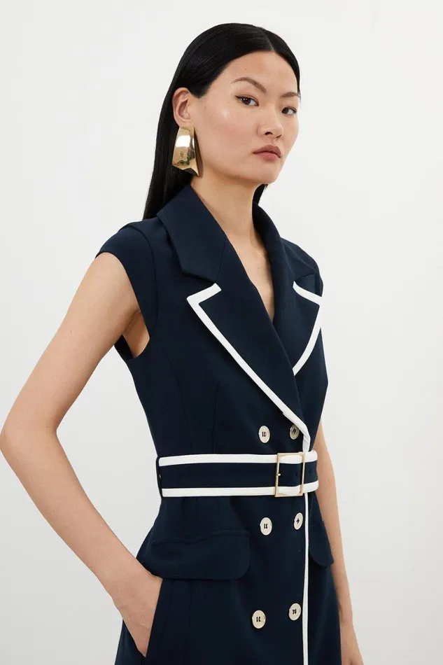 Dresses Women Karen Millen Compact Stretch Double Breasted Belted Tipped Tailored Midi Dress Midnight