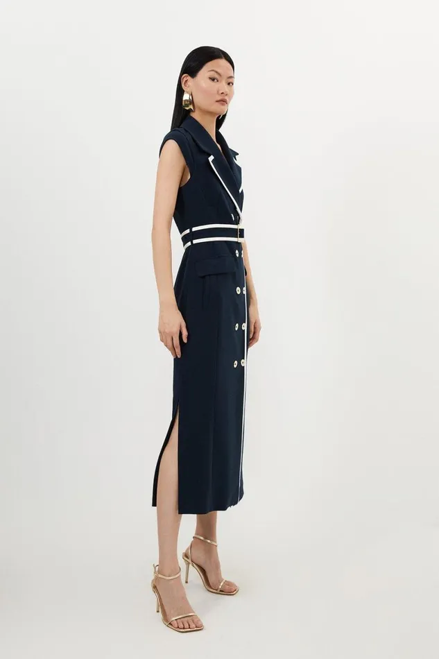 Dresses Women Karen Millen Compact Stretch Double Breasted Belted Tipped Tailored Midi Dress Midnight