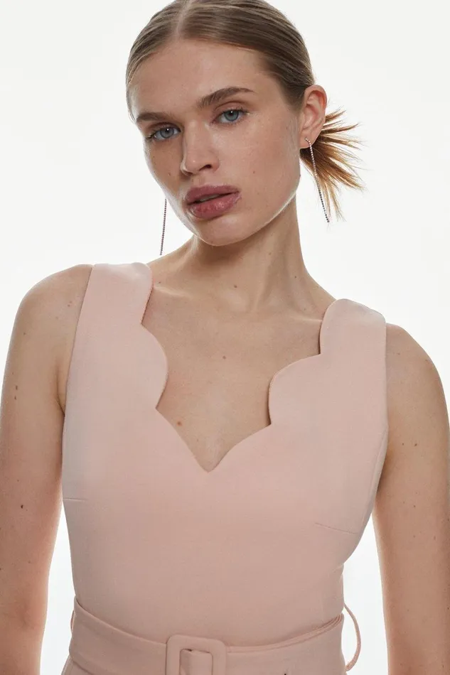 Dresses Women Karen Millen Compact Stretch Scallop Detail Midi Dress Blush