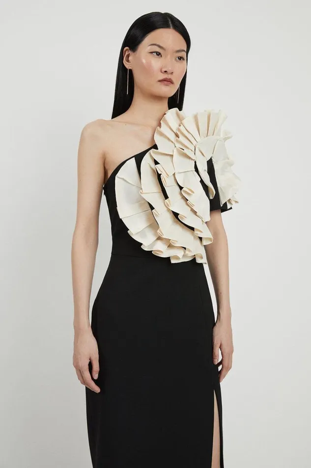 Dresses Women Karen Millen Compact Stretch Taffeta Ruffle One Shoulder Midi Dress Mono