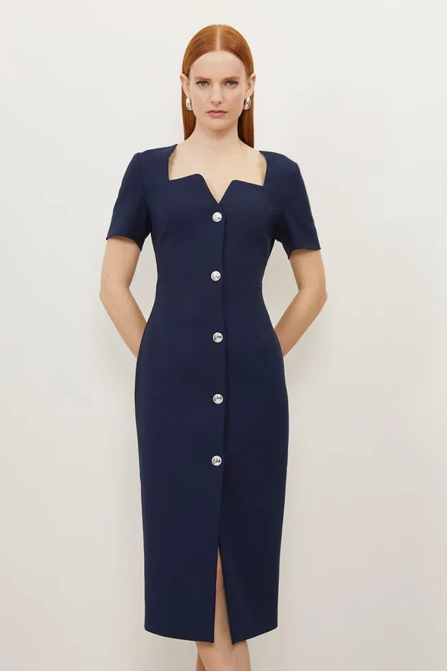 Dresses Women Karen Millen Compact Stretch Tailored Button Through Midi Dress Navy