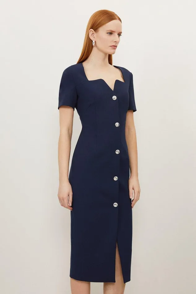 Dresses Women Karen Millen Compact Stretch Tailored Button Through Midi Dress Navy