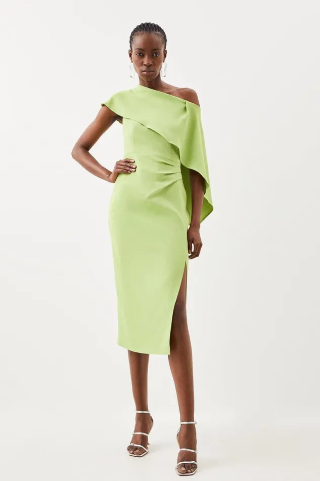 Dresses Women Karen Millen Compact Stretch Viscose Tailored One Shoulder Drape Detail Midi Dress Green