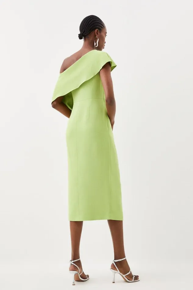 Dresses Women Karen Millen Compact Stretch Viscose Tailored One Shoulder Drape Detail Midi Dress Green