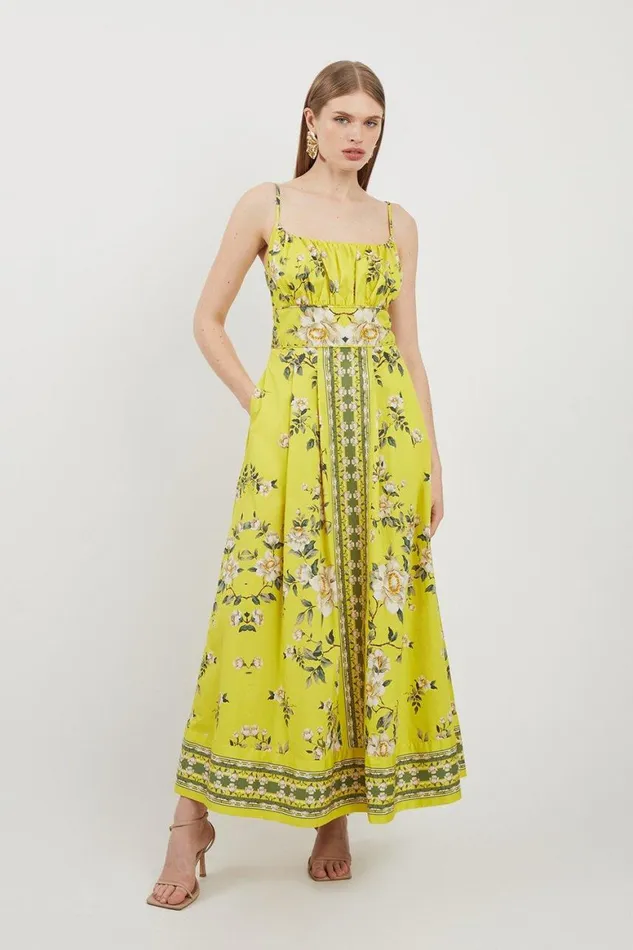 Dresses Women Karen Millen Cotton Sateen Floral Placed Print Woven Strappy Midi Dress Chartreuse