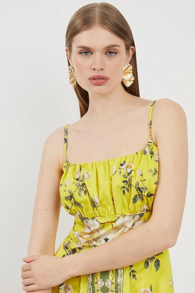 Dresses Women Karen Millen Cotton Sateen Floral Placed Print Woven Strappy Midi Dress Chartreuse