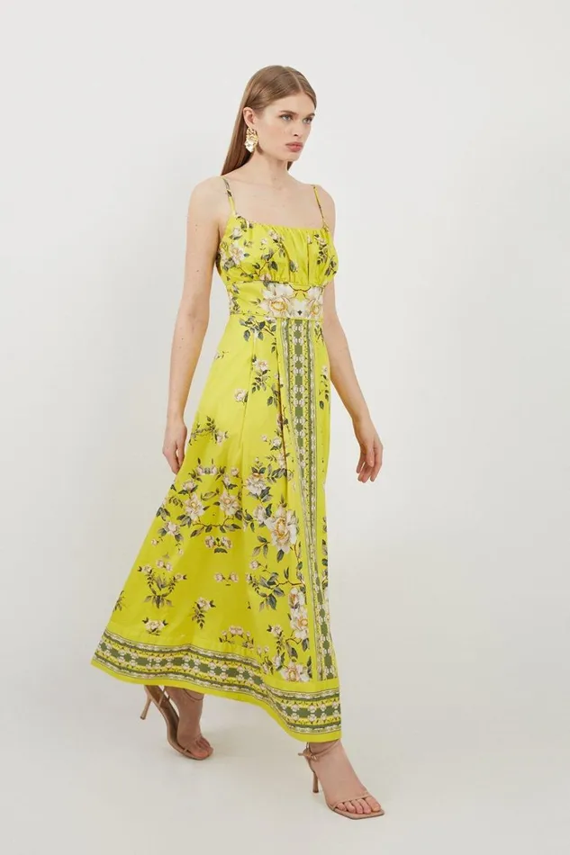 Dresses Women Karen Millen Cotton Sateen Floral Placed Print Woven Strappy Midi Dress Chartreuse