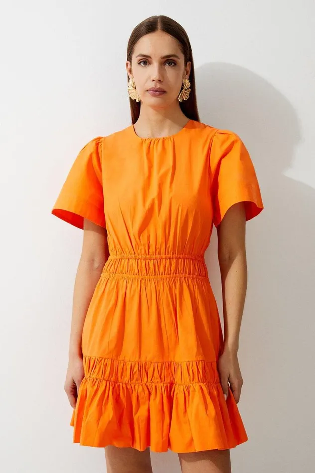 Dresses Women Karen Millen Cotton Woven Shirred Short Sleeve Mini Dress Orange Dresses Women Karen Millen Cotton Woven Shirred Short Sleeve Mini Dress Orange