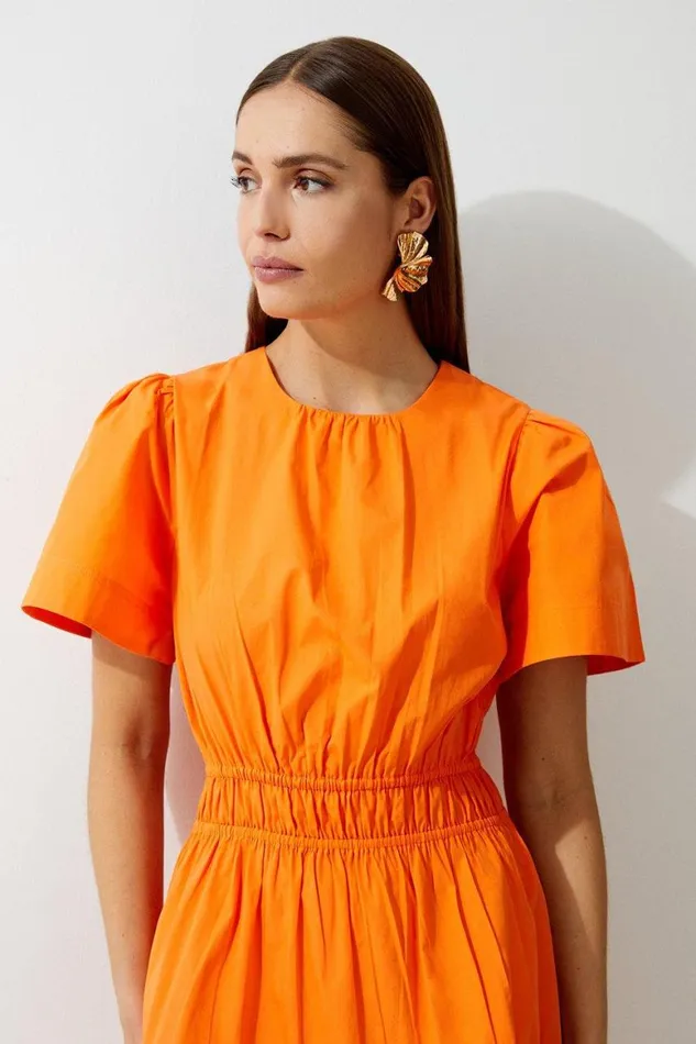Dresses Women Karen Millen Cotton Woven Shirred Short Sleeve Mini Dress Orange