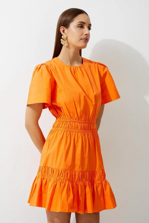 Dresses Women Karen Millen Cotton Woven Shirred Short Sleeve Mini Dress Orange