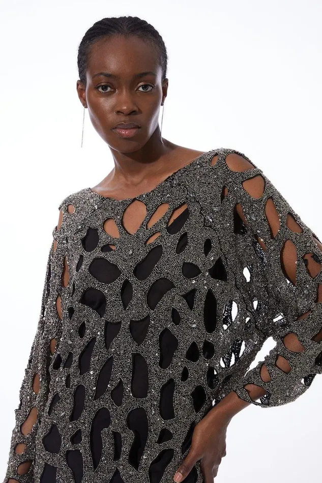 Dresses Women Karen Millen Crystal Embellished Woven Mini Dress Gun Metal