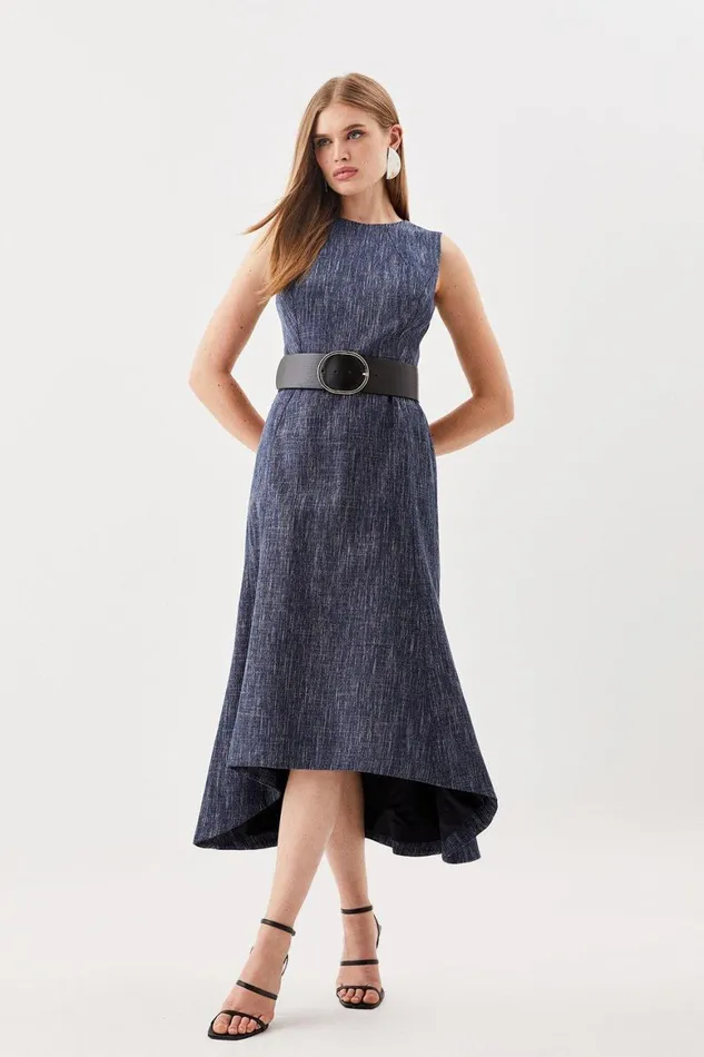 Dresses Women Karen Millen Denim Tweed High Neck Waterfall Hem Midi Dress Denimblue Dresses Women Karen Millen Denim Tweed High Neck Waterfall Hem Midi Dress Denimblue