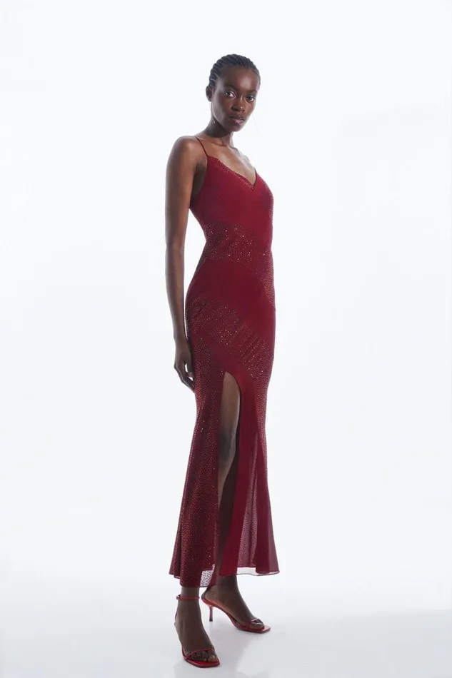 Dresses Women Karen Millen Diamante Embellished Plunge Strappy Maxi Dress Red