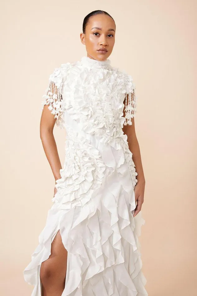 Dresses Women Karen Millen Drama Ruffle Lace Mix Woven Maxi Dress White