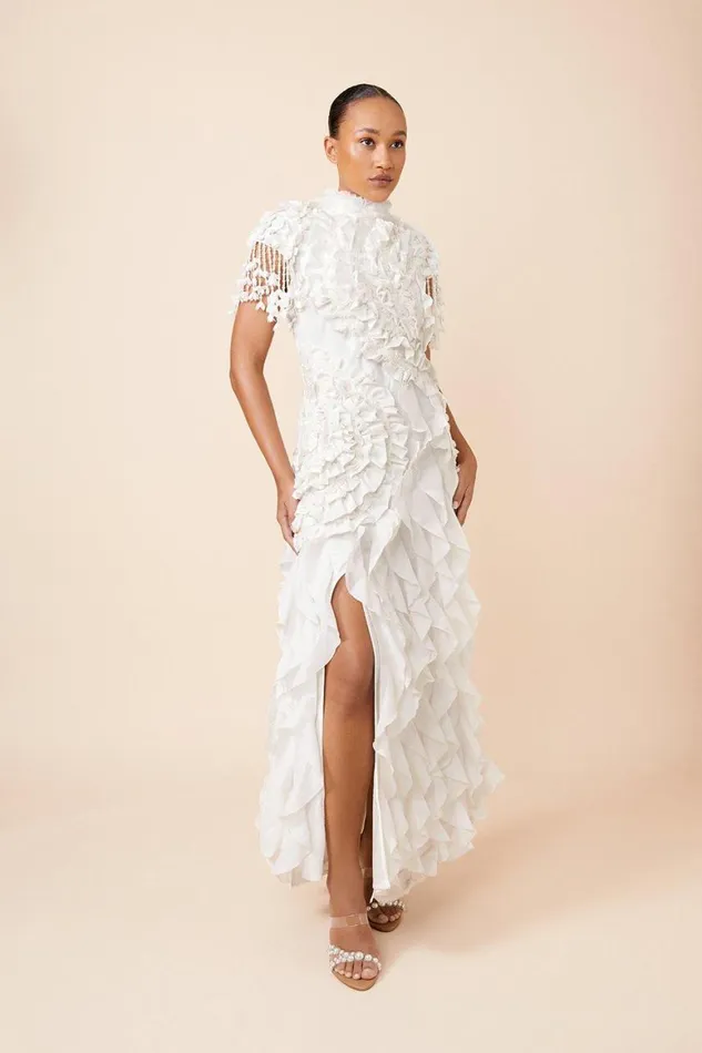 Dresses Women Karen Millen Drama Ruffle Lace Mix Woven Maxi Dress White