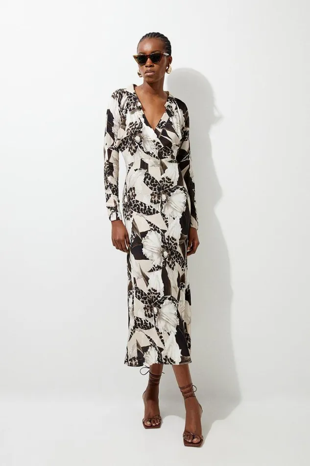 Dresses Women Karen Millen Ecru Floral Printed Woven Viscose Collared Midaxi Dress Floral