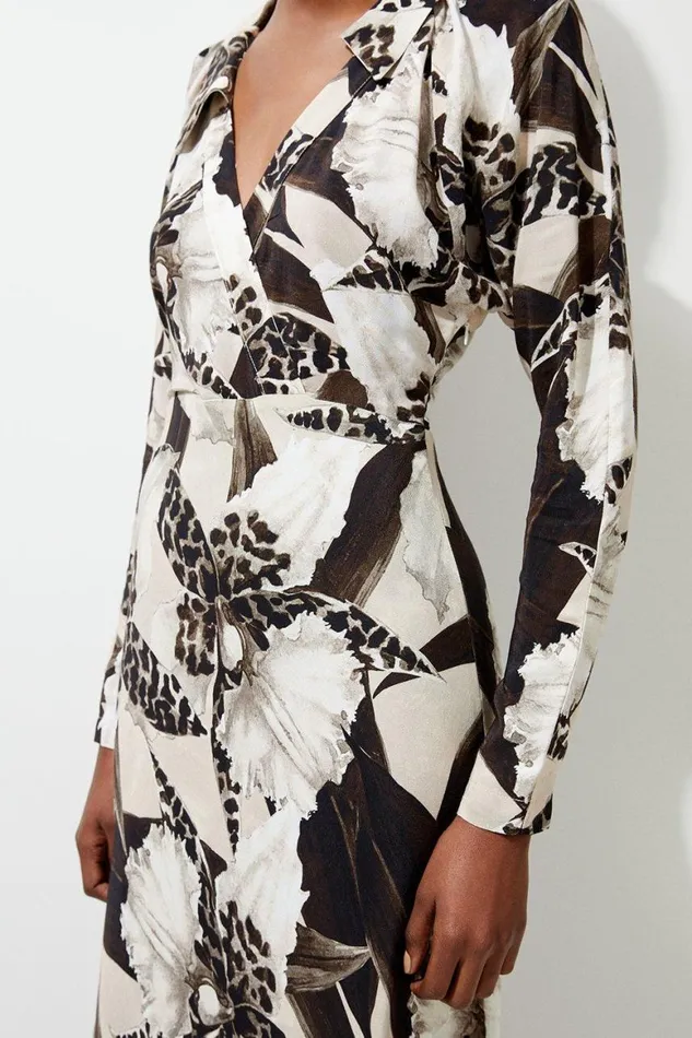 Dresses Women Karen Millen Ecru Floral Printed Woven Viscose Collared Midaxi Dress Floral