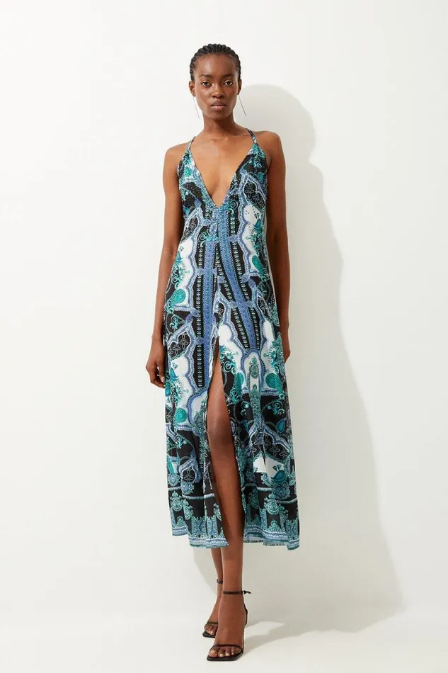 Dresses Women Karen Millen Embellished Mirrored Print Strappy Maxi Beach Dress Blue Dresses Women Karen Millen Embellished Mirrored Print Strappy Maxi Beach Dress Blue