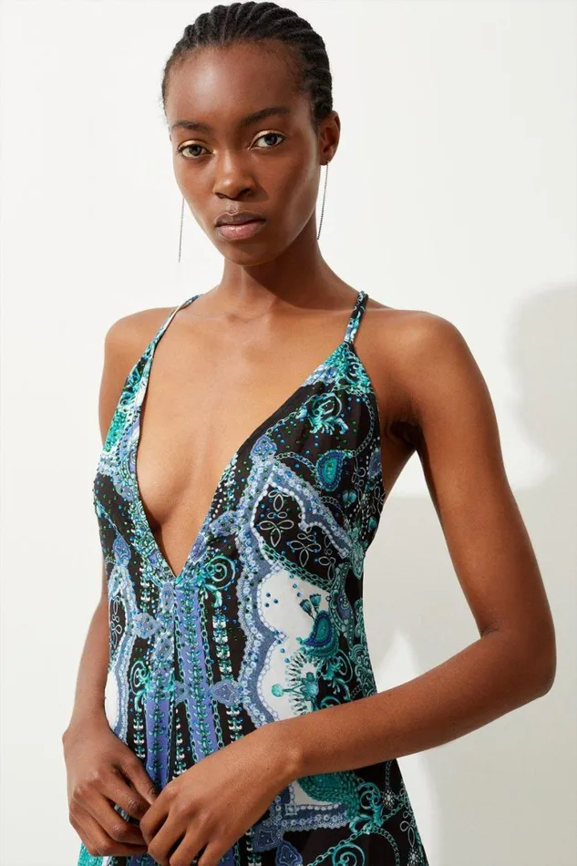 Dresses Women Karen Millen Embellished Mirrored Print Strappy Maxi Beach Dress Blue