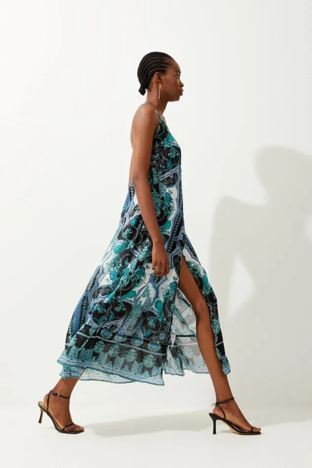 Dresses Women Karen Millen Embellished Mirrored Print Strappy Maxi Beach Dress Blue
