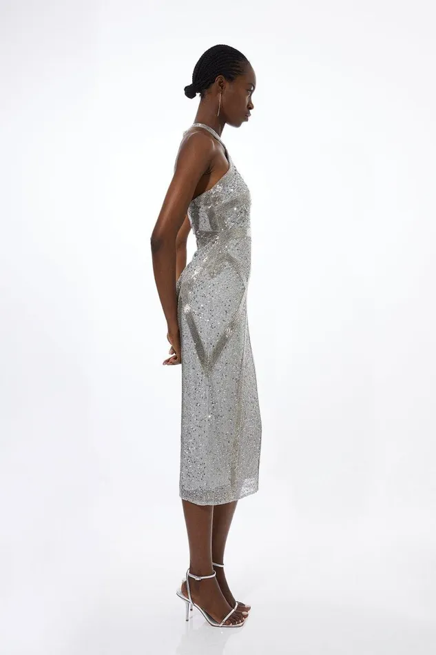 Dresses Women Karen Millen Embellished Woven Halter Midi Dress Silver