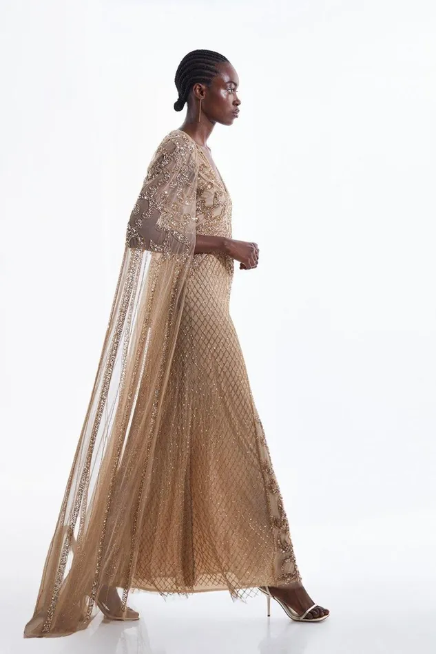 Dresses Women Karen Millen Embellished Woven Maxi Dress With Cape Gold