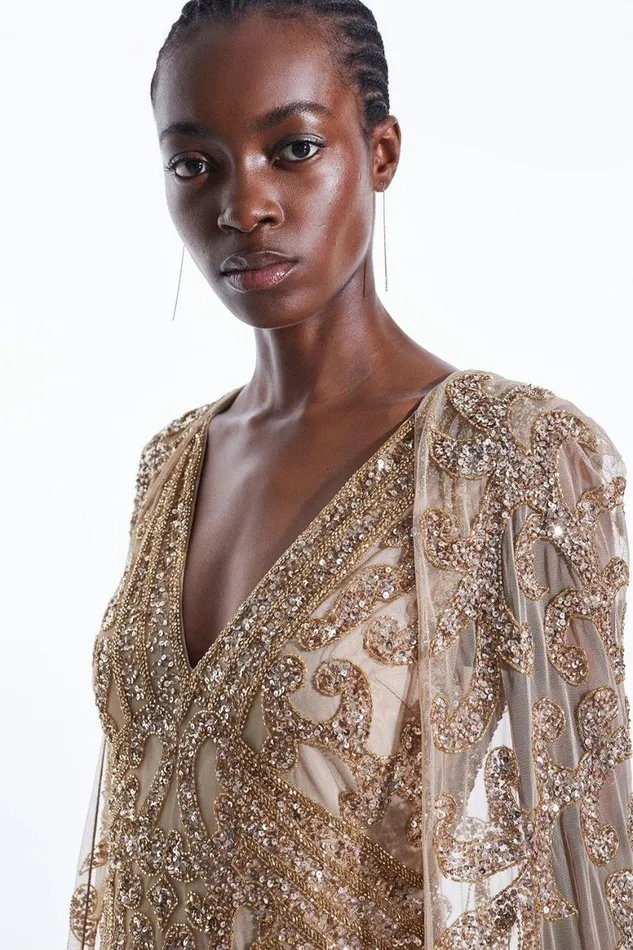 Dresses Women Karen Millen Embellished Woven Maxi Dress With Cape Gold