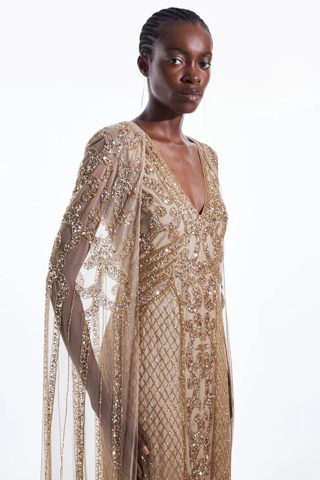 Dresses Women Karen Millen Embellished Woven Maxi Dress With Cape Gold