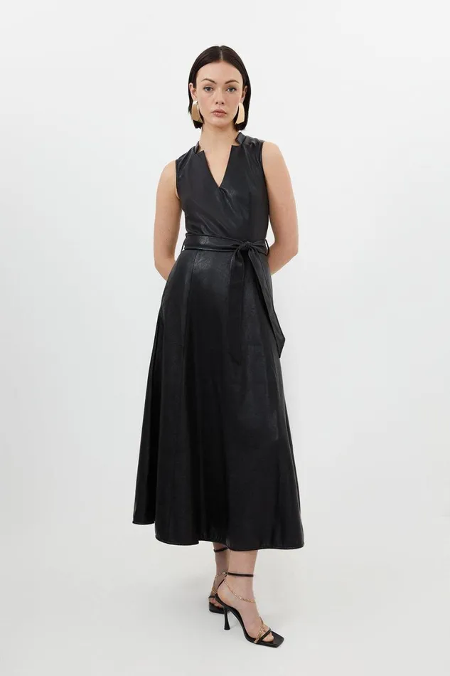 Dresses Women Karen Millen Faux Leather Notch Neck Belted Full Skirt Maxi Dress Black