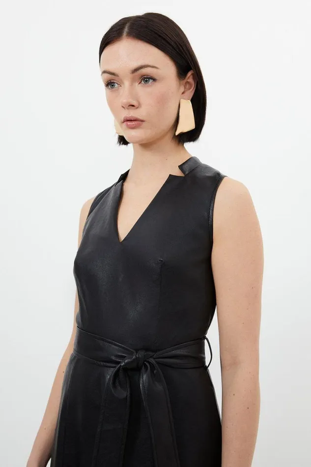 Dresses Women Karen Millen Faux Leather Notch Neck Belted Full Skirt Maxi Dress Black