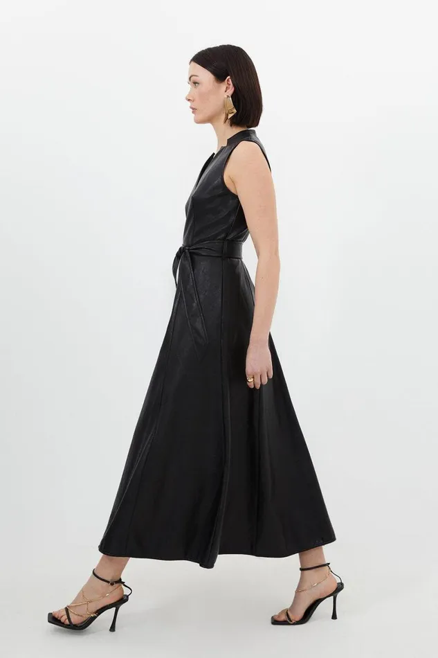 Dresses Women Karen Millen Faux Leather Notch Neck Belted Full Skirt Maxi Dress Black