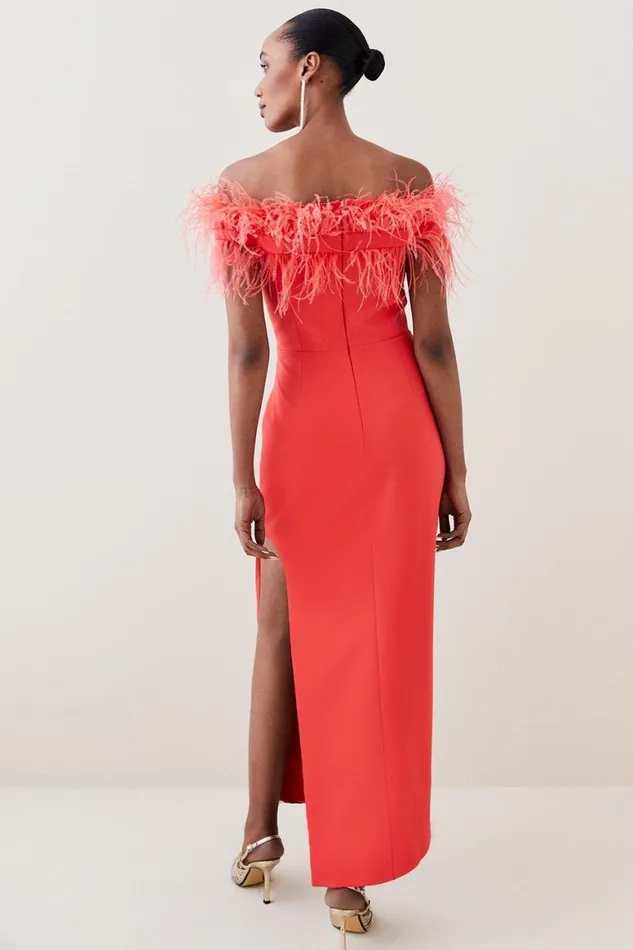 Dresses Women Karen Millen Feather Bardot Stretch Crepe Tailored Maxi Dress Red
