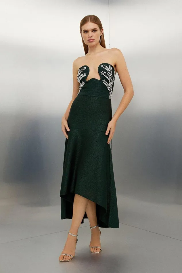 Dresses Women Karen Millen Figure Form Bandage Knit Corset Style Embellished Midaxi Dress Teal
