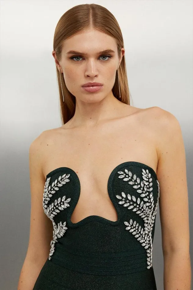 Dresses Women Karen Millen Figure Form Bandage Knit Corset Style Embellished Midaxi Dress Teal