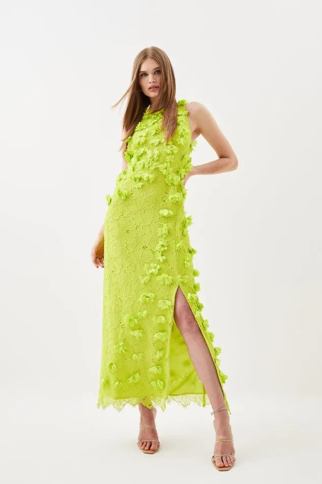 Dresses Women Karen Millen Floral Applique On Lace Woven Midi Dress Lime