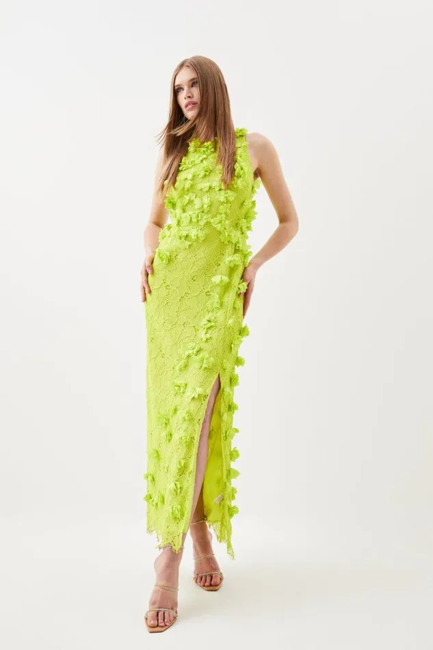 Dresses Women Karen Millen Floral Applique On Lace Woven Midi Dress Lime