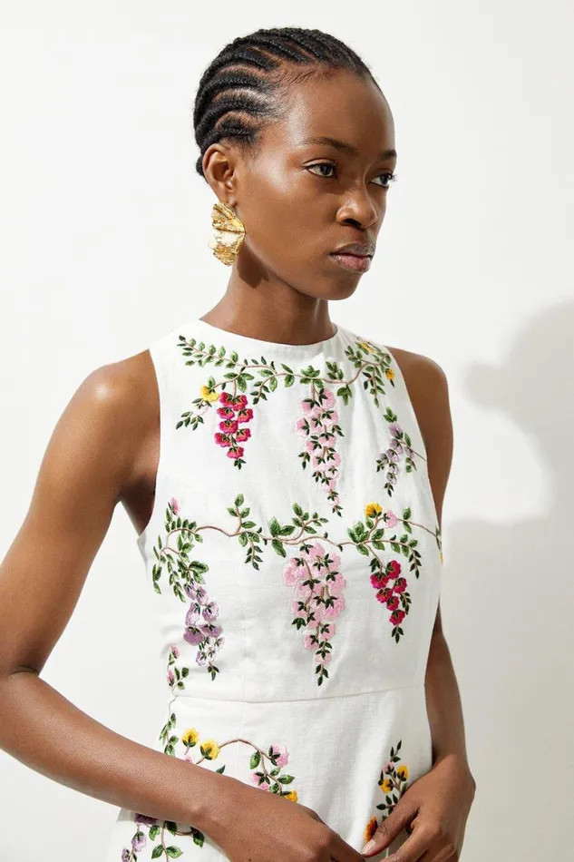 Dresses Women Karen Millen Floral Embroidered Cotton Linen Woven Mini Dress Floral