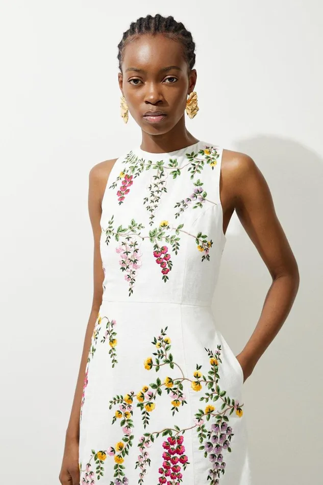 Dresses Women Karen Millen Floral Embroidered Cotton Linen Woven Mini Dress Floral
