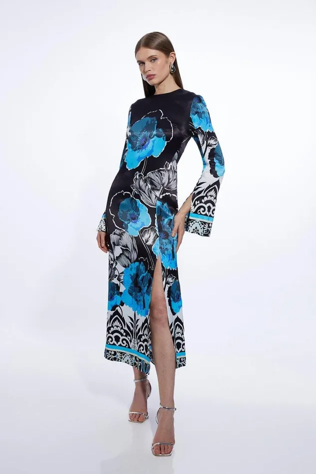 Dresses Women Karen Millen Floral Print Satin Crepe Woven Maxi Dress Navy