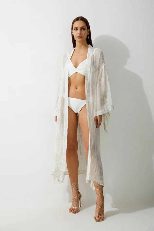 Dresses Women Karen Millen Fringed Metallic Viscose Georgette Woven Kimono Ivory Dresses Women Karen Millen Fringed Metallic Viscose Georgette Woven Kimono Ivory
