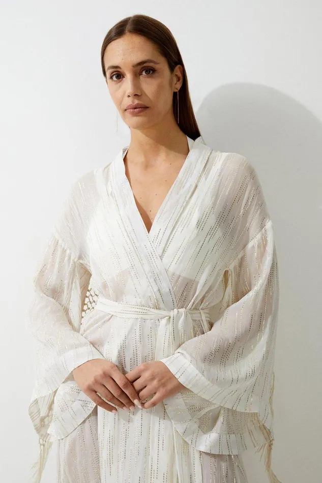 Dresses Women Karen Millen Fringed Metallic Viscose Georgette Woven Kimono Ivory