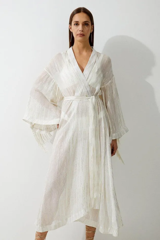 Dresses Women Karen Millen Fringed Metallic Viscose Georgette Woven Kimono Ivory