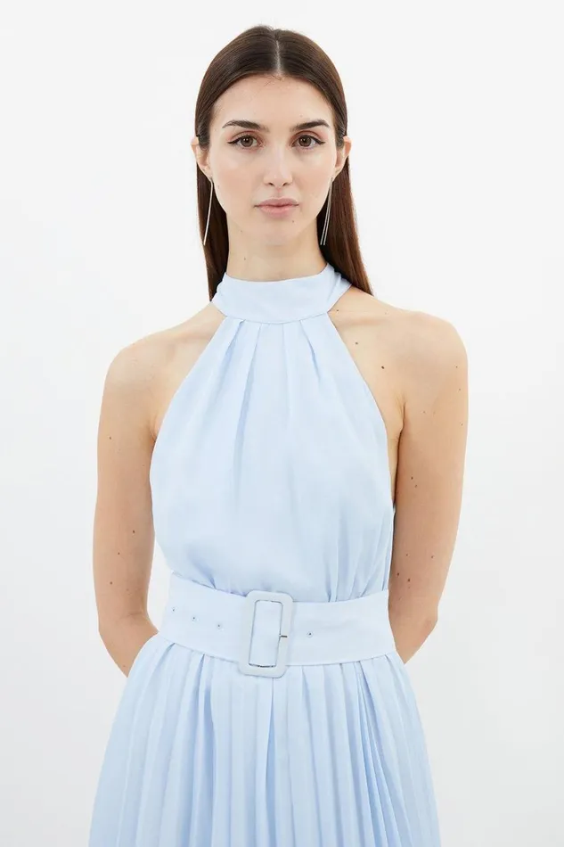 Dresses Women Karen Millen Georgette Belted Pleated Midi Dress Blue