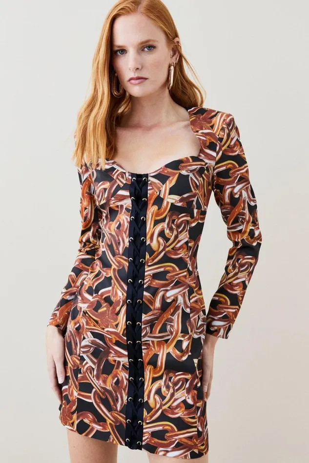 Dresses Women Karen Millen Italian Stretch Chain Print Mini Dress Black