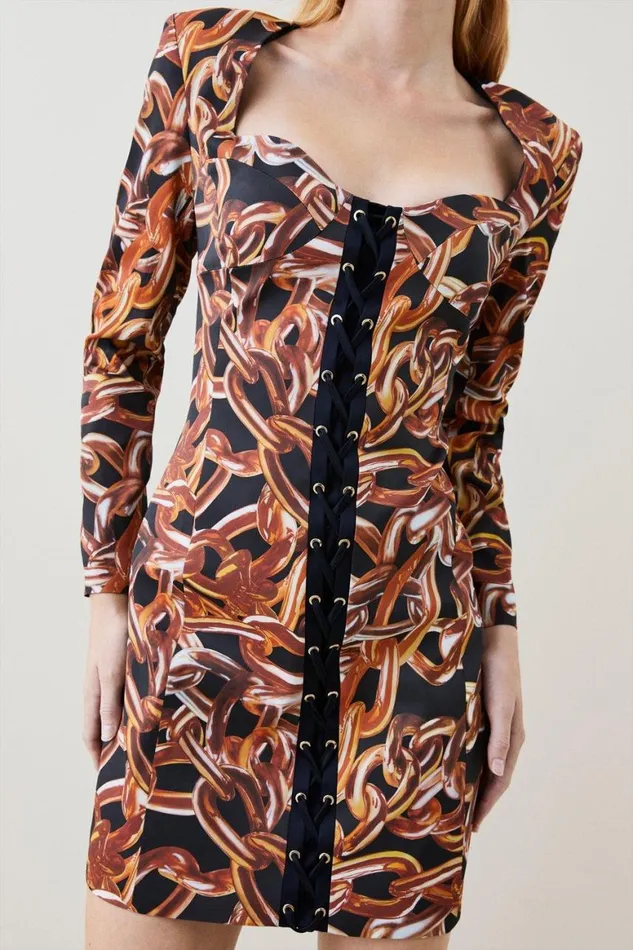 Dresses Women Karen Millen Italian Stretch Chain Print Mini Dress Black