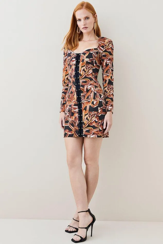Dresses Women Karen Millen Italian Stretch Chain Print Mini Dress Black