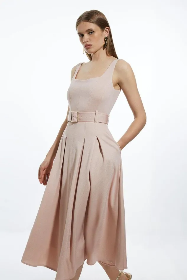 Dresses Women Karen Millen Italian Structured Rib Tailored Square Neck Belted Midi Dress Champagne Dresses Women Karen Millen Italian Structured Rib Tailored Square Neck Belted Midi Dress Champagne